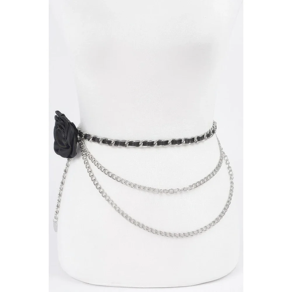 Womens Black Rose Chain‎ Belt Silver Multi Layered Waist Chain Fashion Accessory